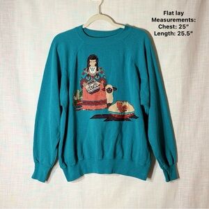 Vintage Native American Indian Woman Sheep Pottery Art Sweatshirt Teal XL